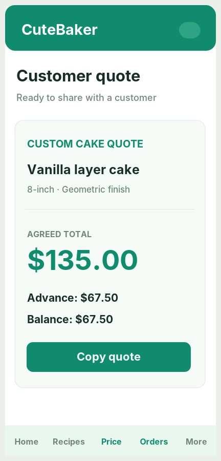 Illustrative mobile customer cake quote
